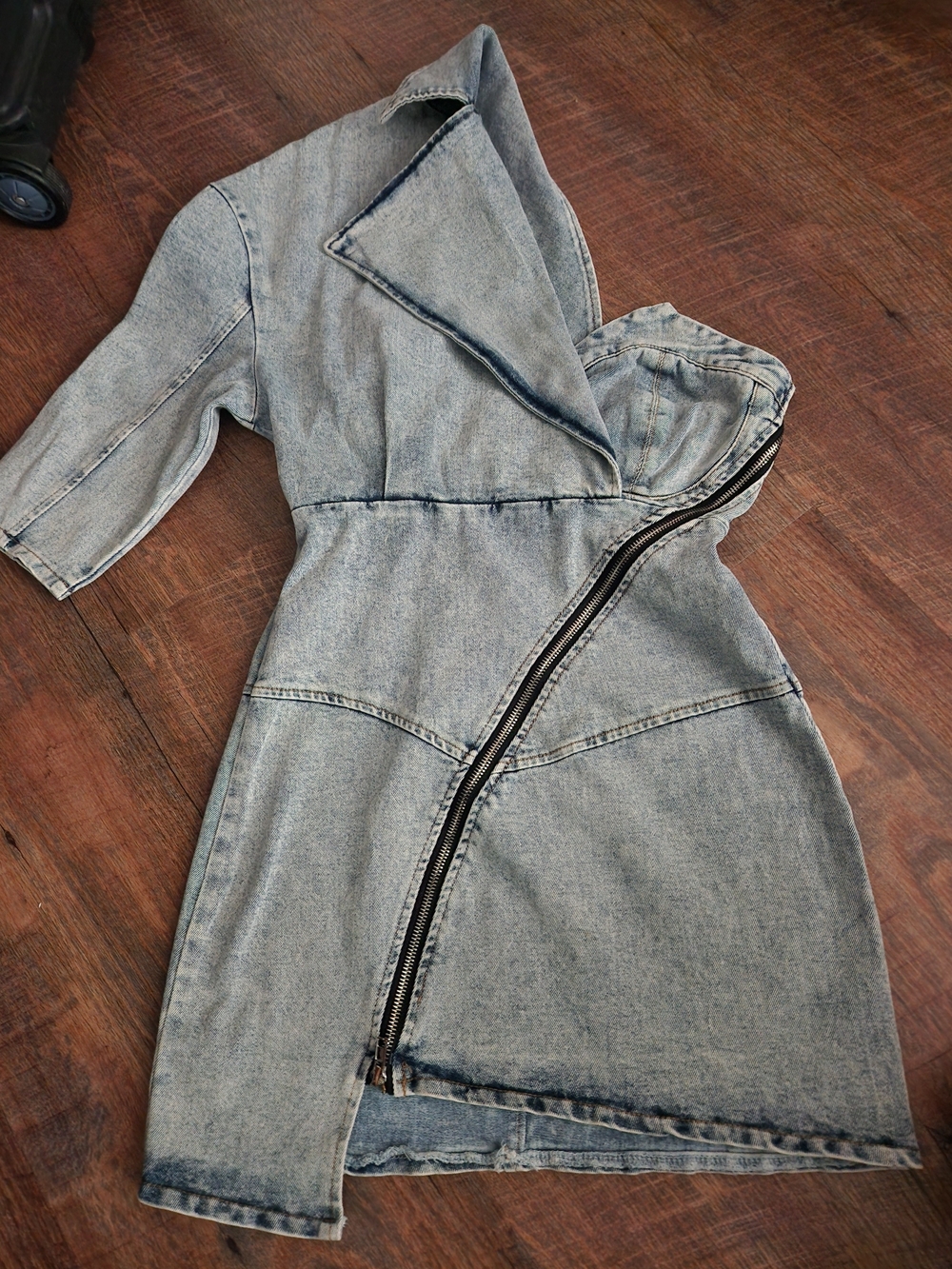 Light Wash Denim Hooded Dress with Asymmetric Zip